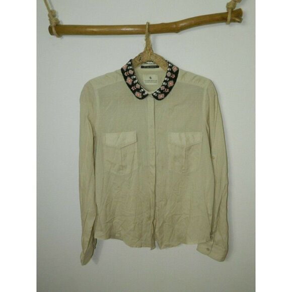 Scotch & Soda Shirt Beige Beaded Collar La Femme Selon Marie Button Down Size 2 - Picture 8 of 11